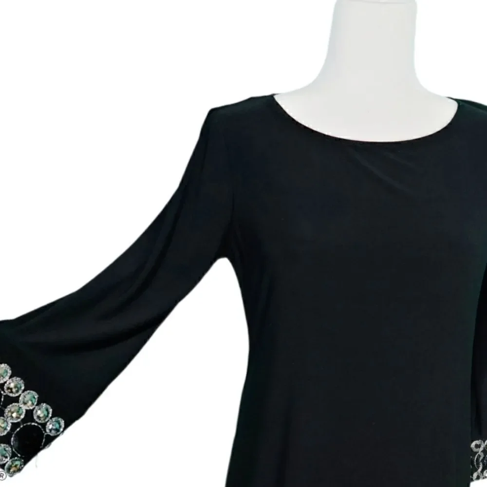 Tiana B. Jewel Embellished Black Shift Dress Crew Neck Long Sleeve Women Size 8P - Picture 5 of 12
